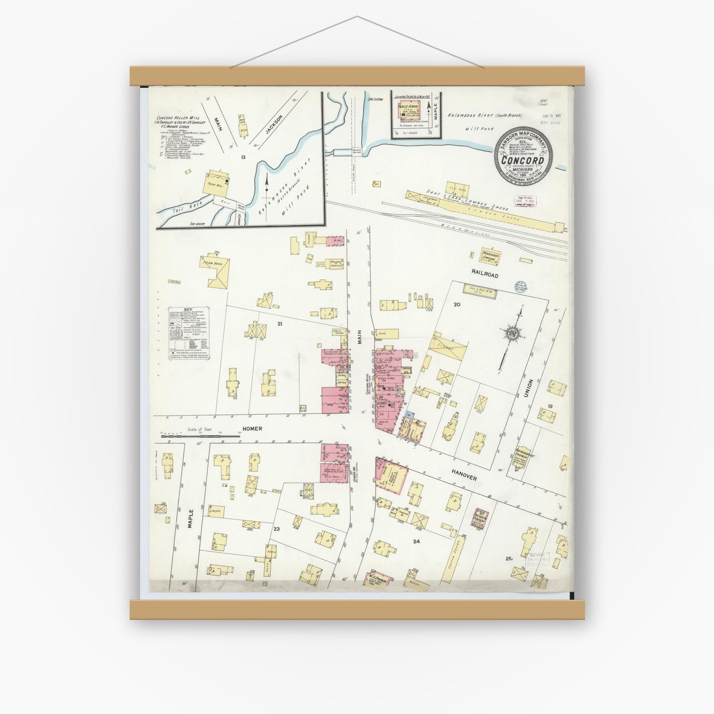 Old map wall art mockup — magnetic wood frame on white wall — Sanborn Fire Insurance Map from Concord, Jackson County, Michigan (1911), Sheet #0001