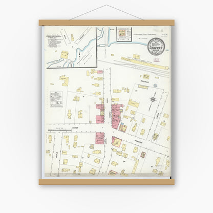 Old map wall art mockup — magnetic wood frame on white wall — Sanborn Fire Insurance Map from Concord, Jackson County, Michigan (1911), Sheet #0001