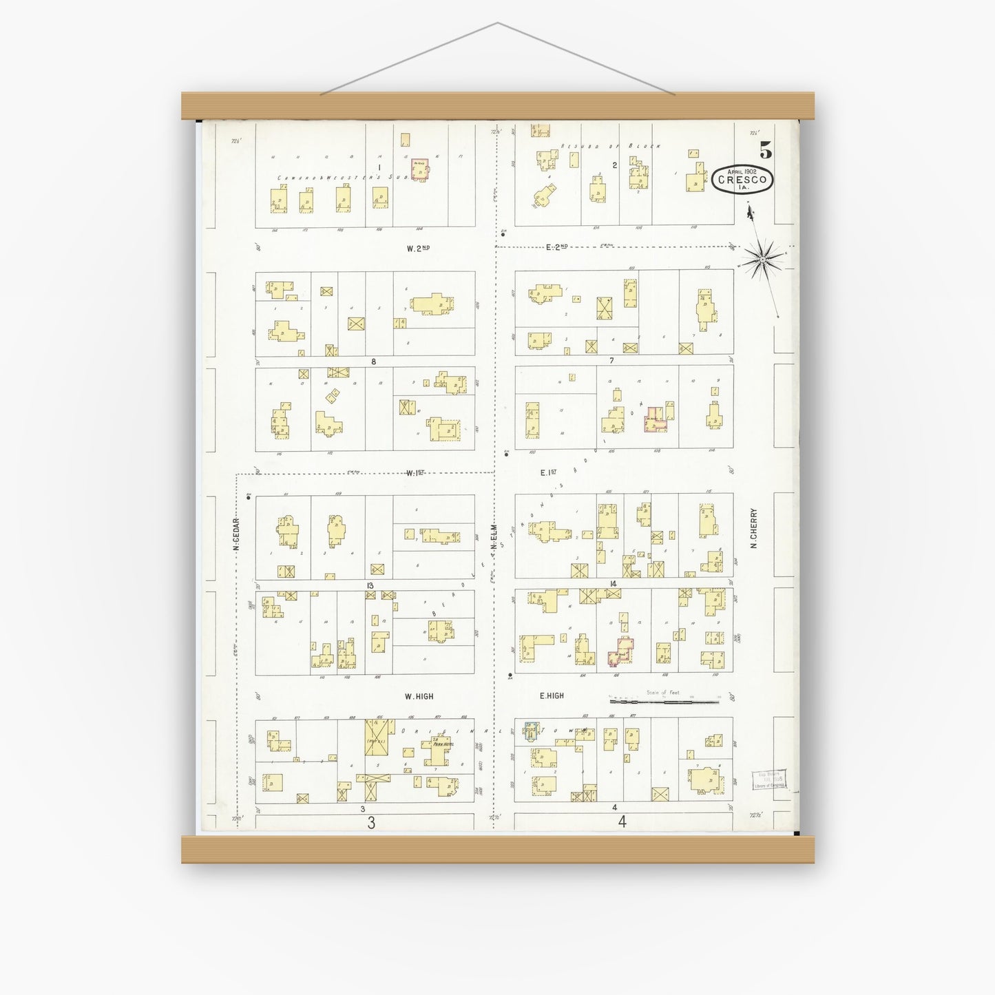 Old map wall art mockup — magnetic wood frame on white wall — Sanborn Fire Insurance Map from Cresco, Howard County, Iowa (1902), Sheet #0005