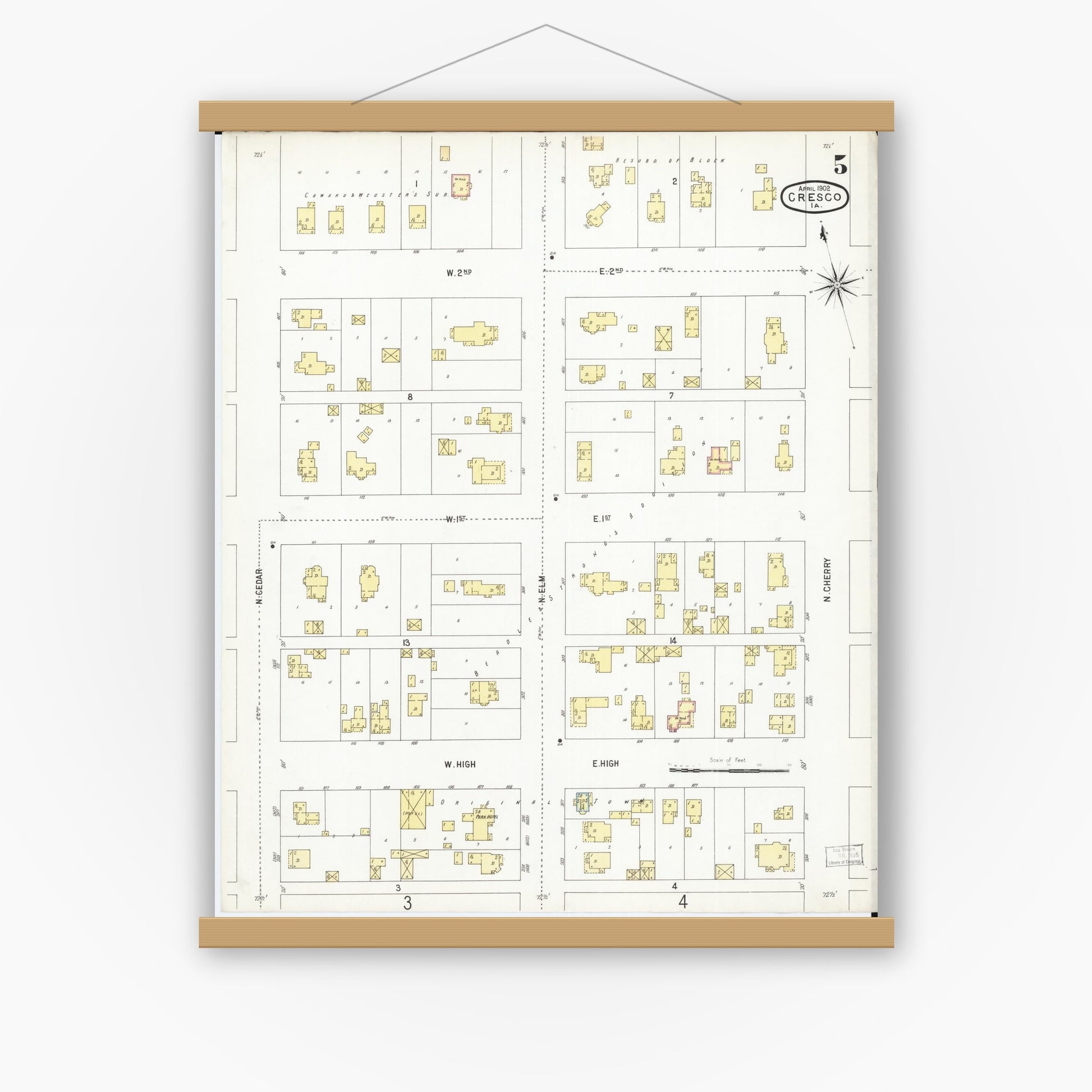 Old map wall art mockup — magnetic wood frame on white wall — Sanborn Fire Insurance Map from Cresco, Howard County, Iowa (1902), Sheet #0005