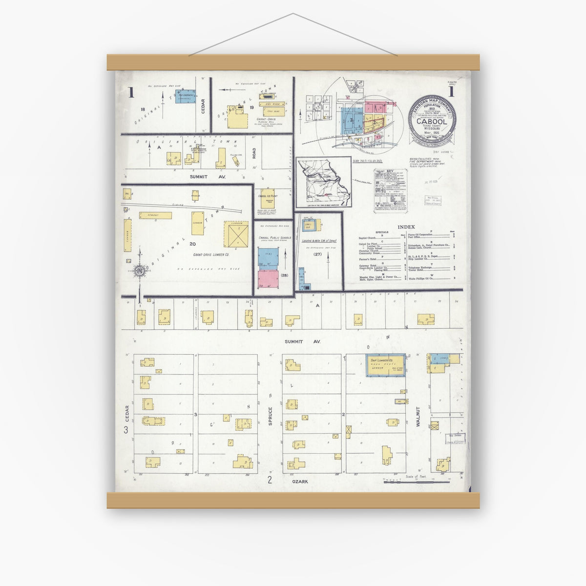 Old map wall art mockup — magnetic wood frame on white wall — Sanborn Fire Insurance Map from Cabool, Texas County, Missouri (1925) - Complete Map Set