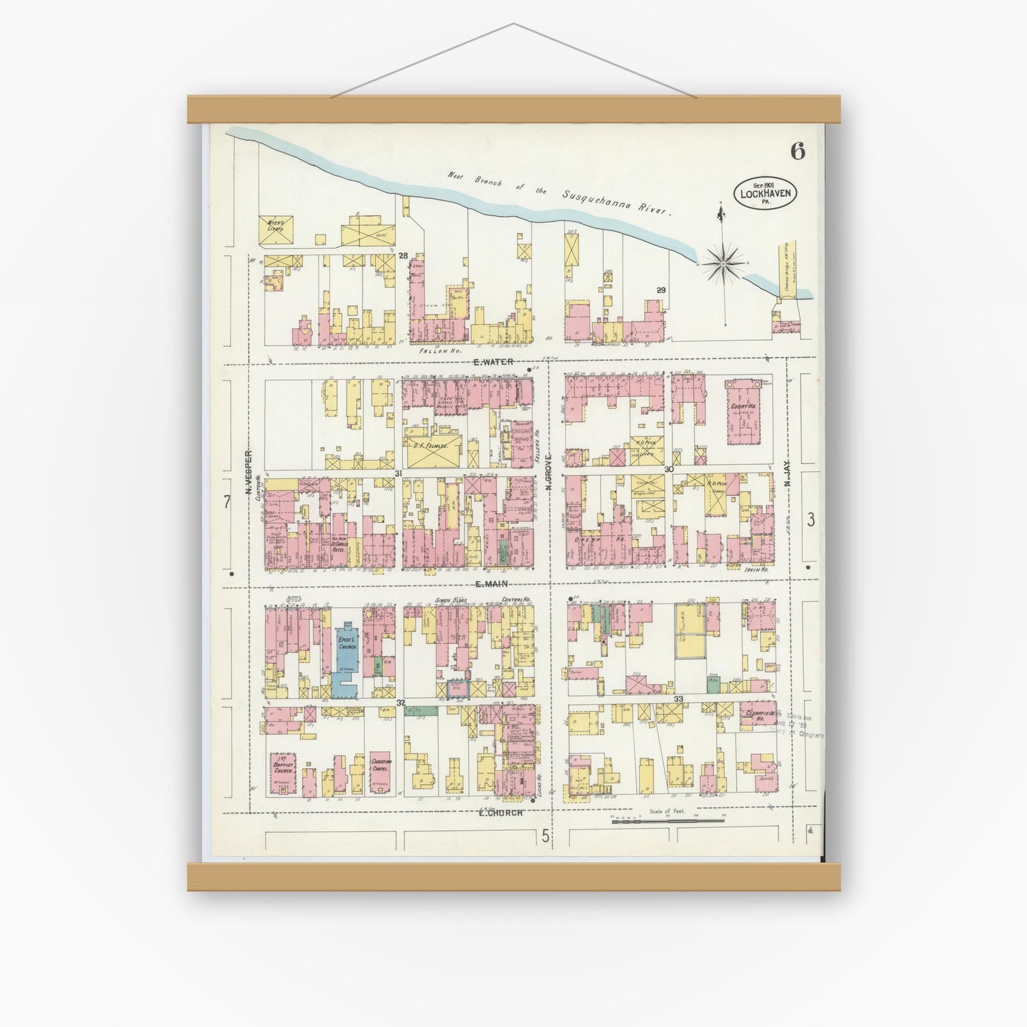 Old map wall art mockup — magnetic wood frame on white wall — Sanborn Fire Insurance Map from Lock Haven, Clinton County, Pennsylvania (1901), Sheet #0006