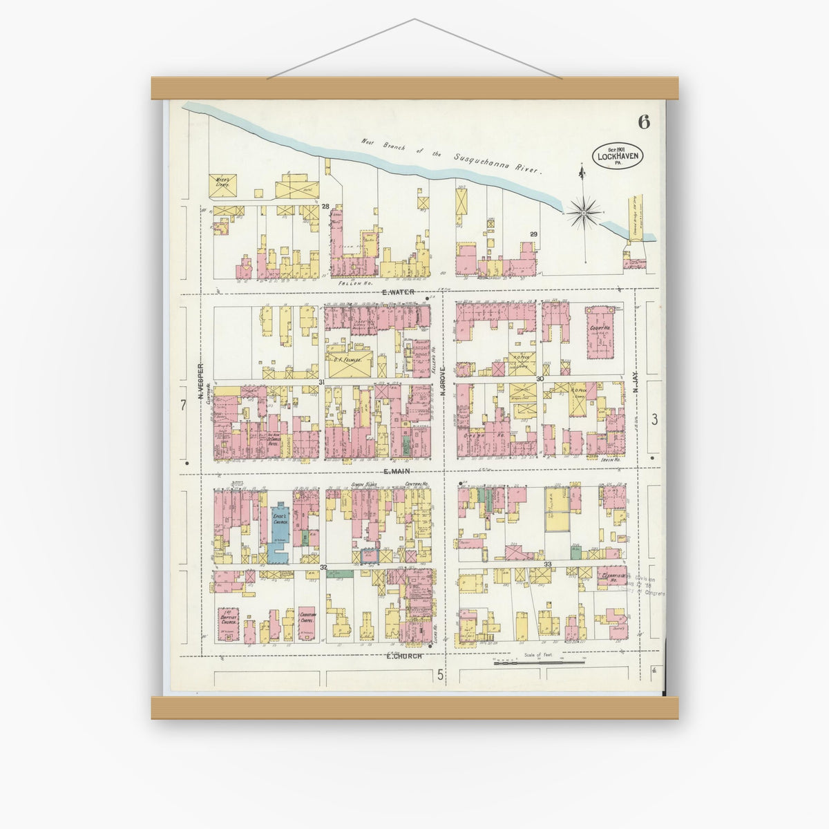 Old map wall art mockup — magnetic wood frame on white wall — Sanborn Fire Insurance Map from Lock Haven, Clinton County, Pennsylvania (1901), Sheet #0006