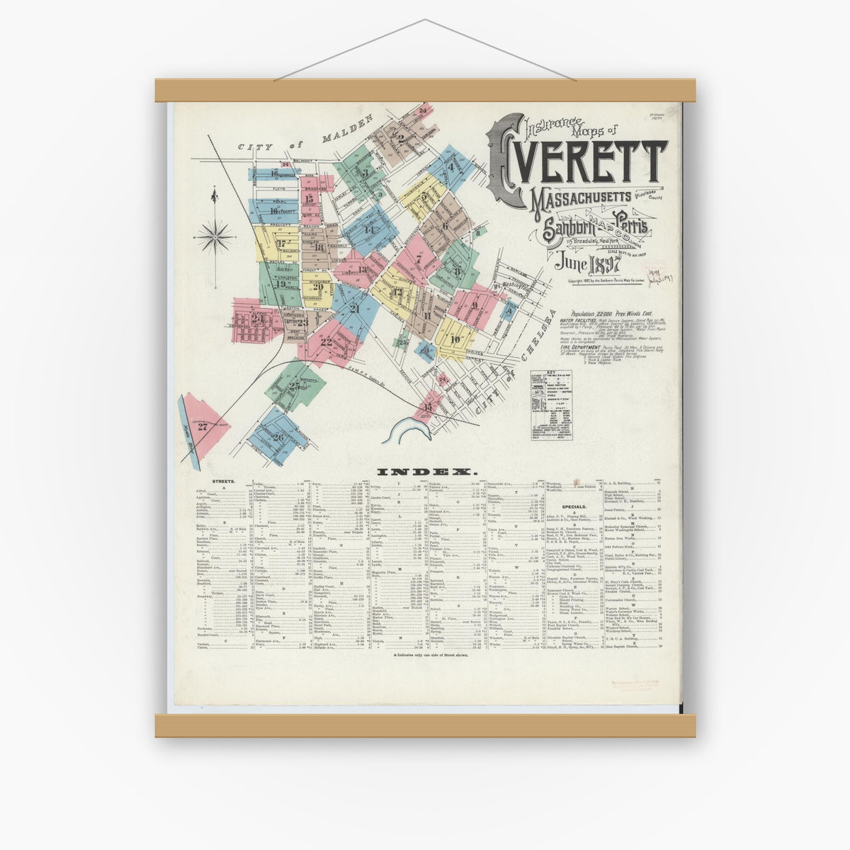 Old map wall art mockup — magnetic wood frame on white wall — Sanborn Fire Insurance Map from Everett, Middlesex County, Massachusetts (1897), Sheet #0001