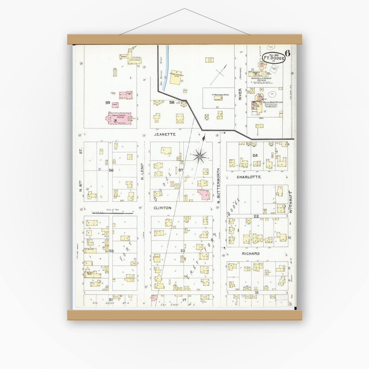 Old map wall art mockup — magnetic wood frame on white wall — Sanborn Fire Insurance Map from Fort Dodge, Webster County, Iowa (1892), Sheet #0006