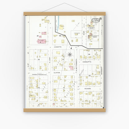 Old map wall art mockup — magnetic wood frame on white wall — Sanborn Fire Insurance Map from Fort Dodge, Webster County, Iowa (1892), Sheet #0006