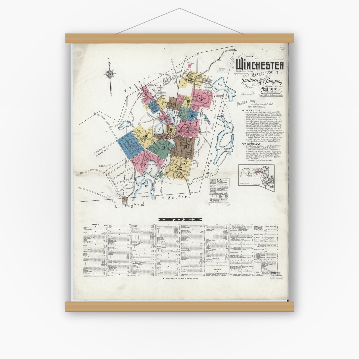 Old map wall art mockup — magnetic wood frame on white wall — Sanborn Fire Insurance Map from Winchester, Middlesex County, Massachusetts (1921) - Complete Map Set