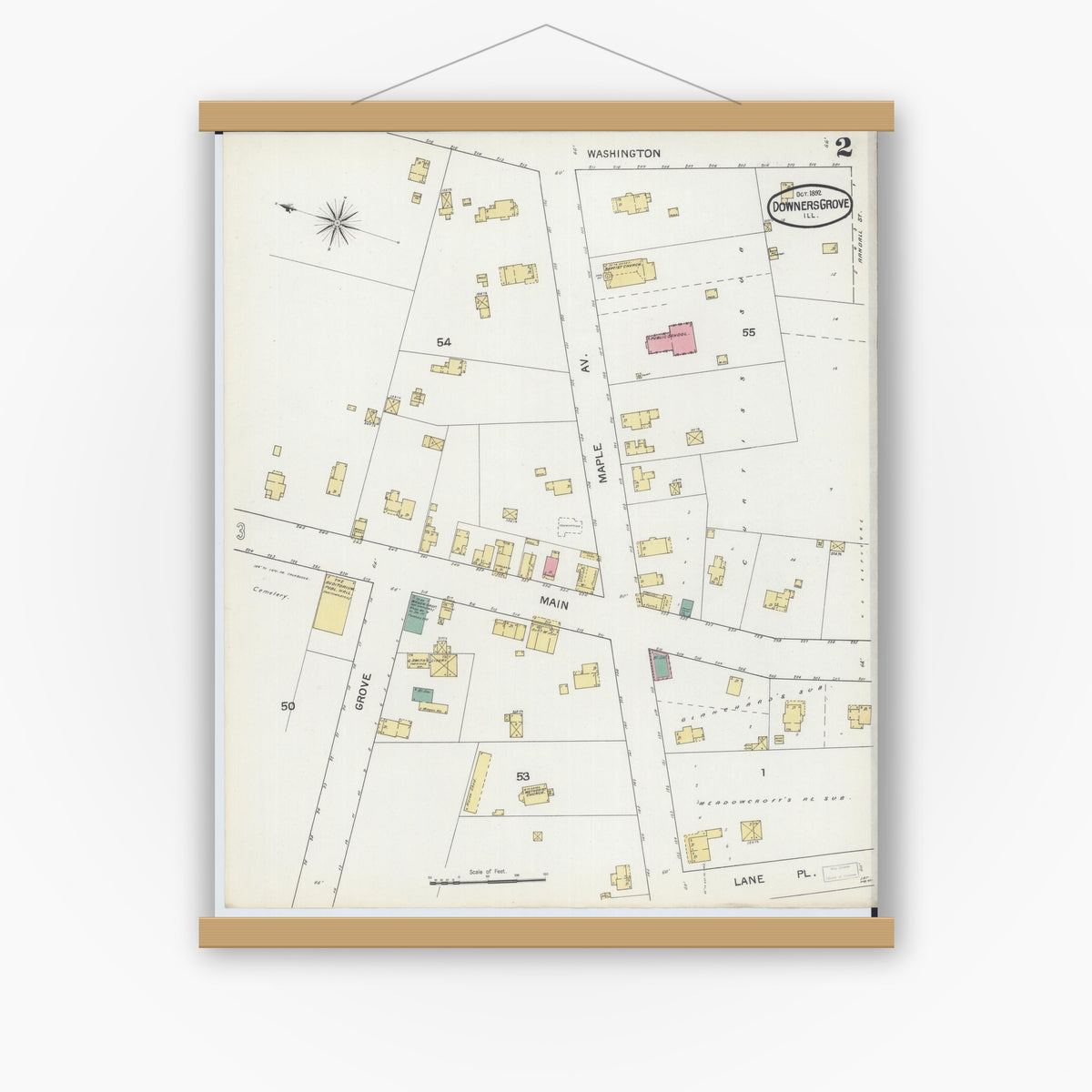 Old map wall art mockup — magnetic wood frame on white wall — Sanborn Fire Insurance Map from Downers Grove, Dupage County, Illinois (1892), Sheet #0002