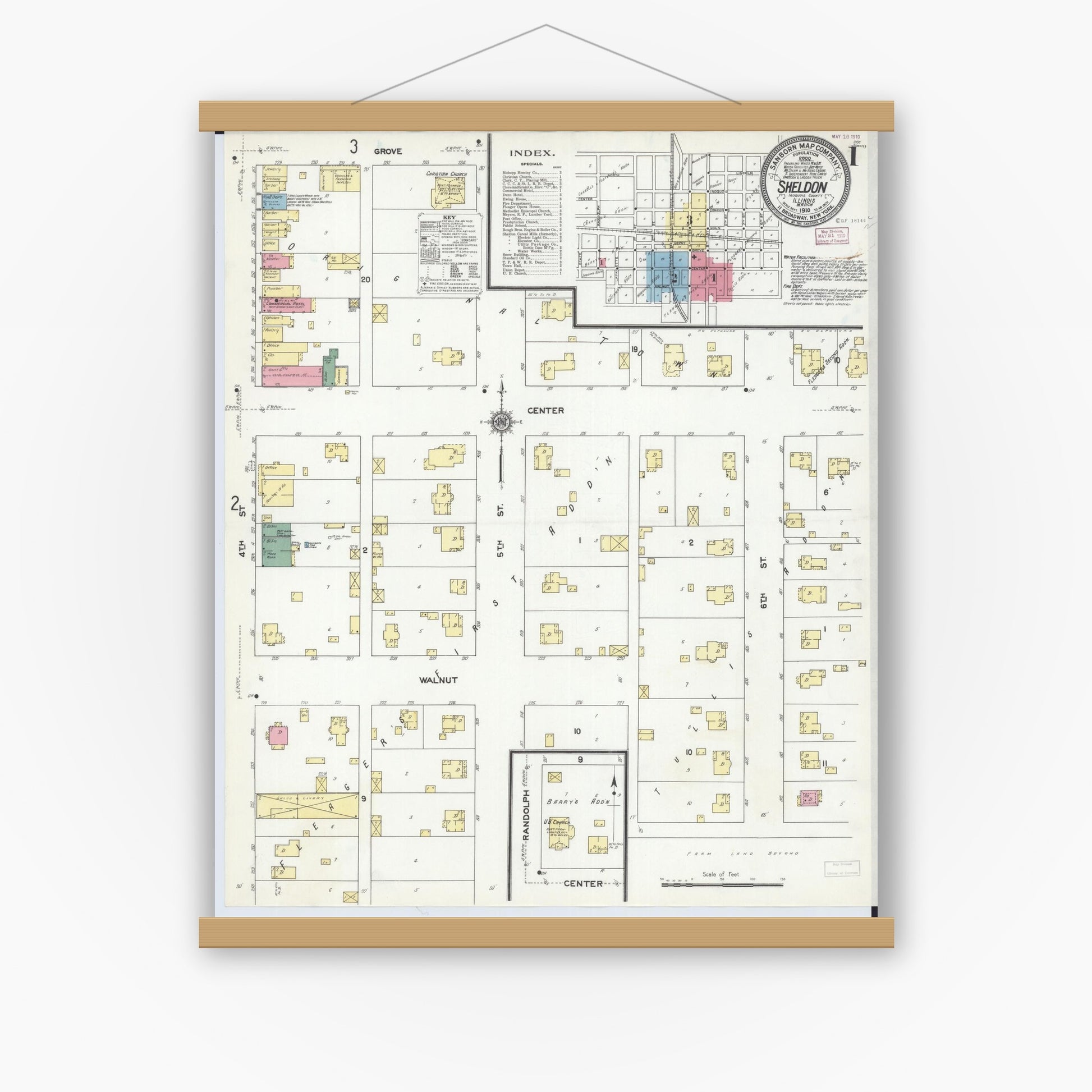 Old map wall art mockup — magnetic wood frame on white wall — Sanborn Fire Insurance Map from Sheldon, Iroquois County, Illinois (1910), Sheet #0001