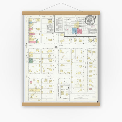 Old map wall art mockup — magnetic wood frame on white wall — Sanborn Fire Insurance Map from Sheldon, Iroquois County, Illinois (1910), Sheet #0001