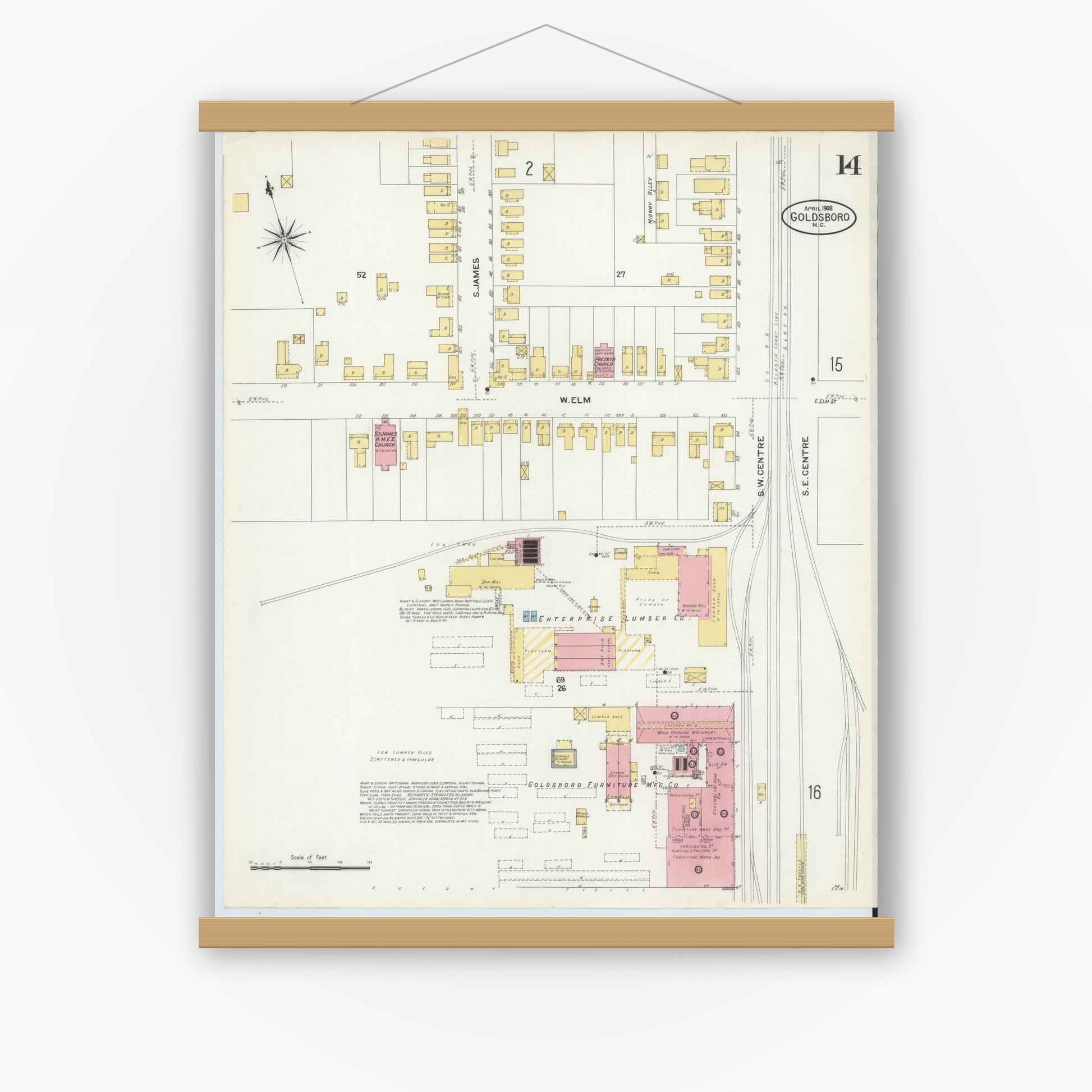 Old map wall art mockup — magnetic wood frame on white wall — Sanborn Fire Insurance Map from Goldsboro, Wayne County, North Carolina (1908), Sheet #0014