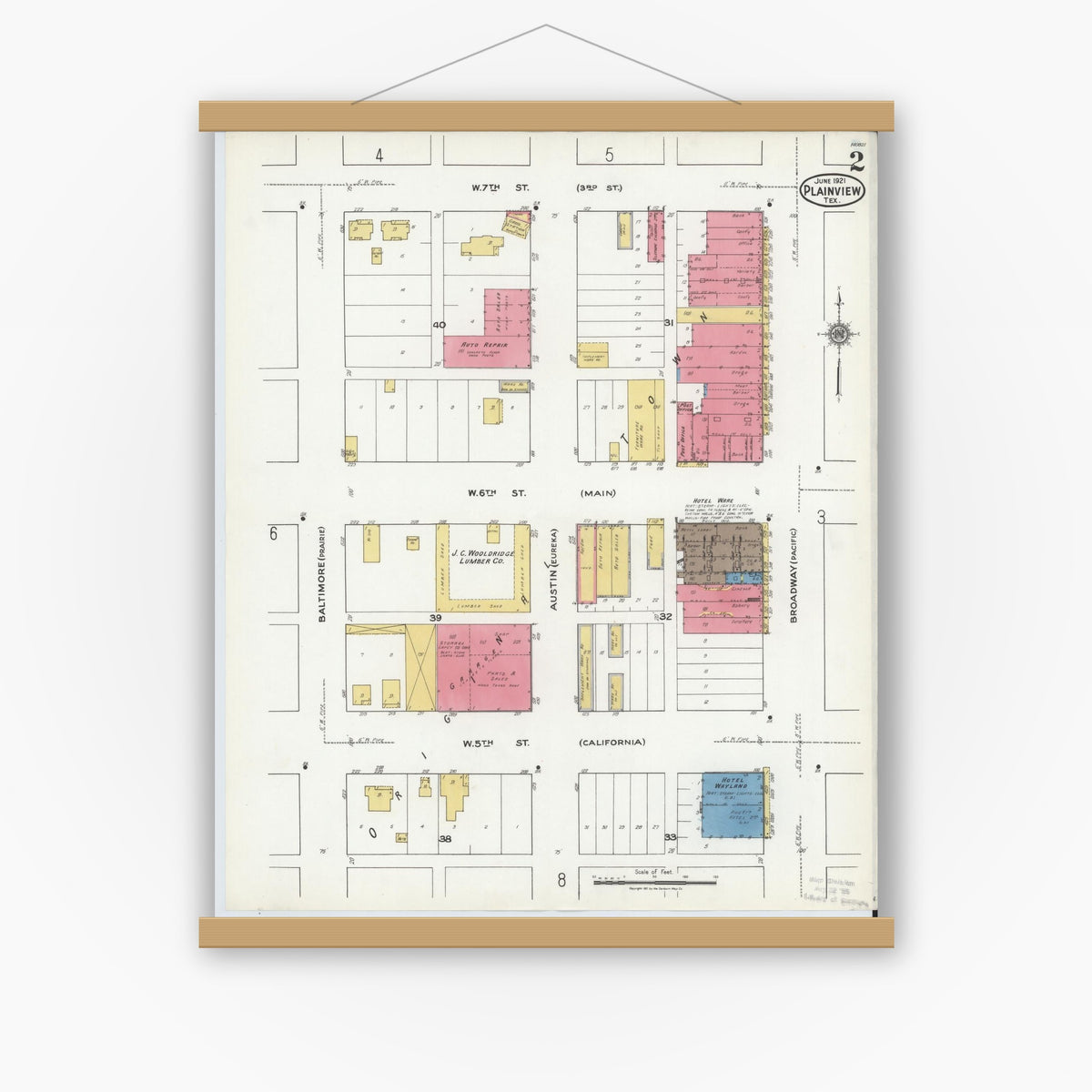 Old map wall art mockup — magnetic wood frame on white wall — Sanborn Fire Insurance Map from Plainview, Hale County, Texas (1921), Sheet #0002