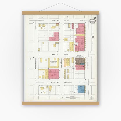 Old map wall art mockup — magnetic wood frame on white wall — Sanborn Fire Insurance Map from Plainview, Hale County, Texas (1921), Sheet #0002
