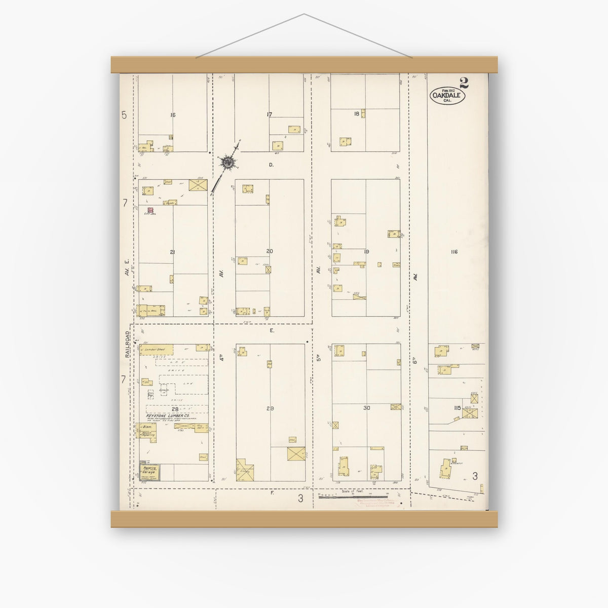 Old map wall art mockup — magnetic wood frame on white wall — Sanborn Fire Insurance Map from Oakdale, Stanislaus County, California (1912), Sheet #0002