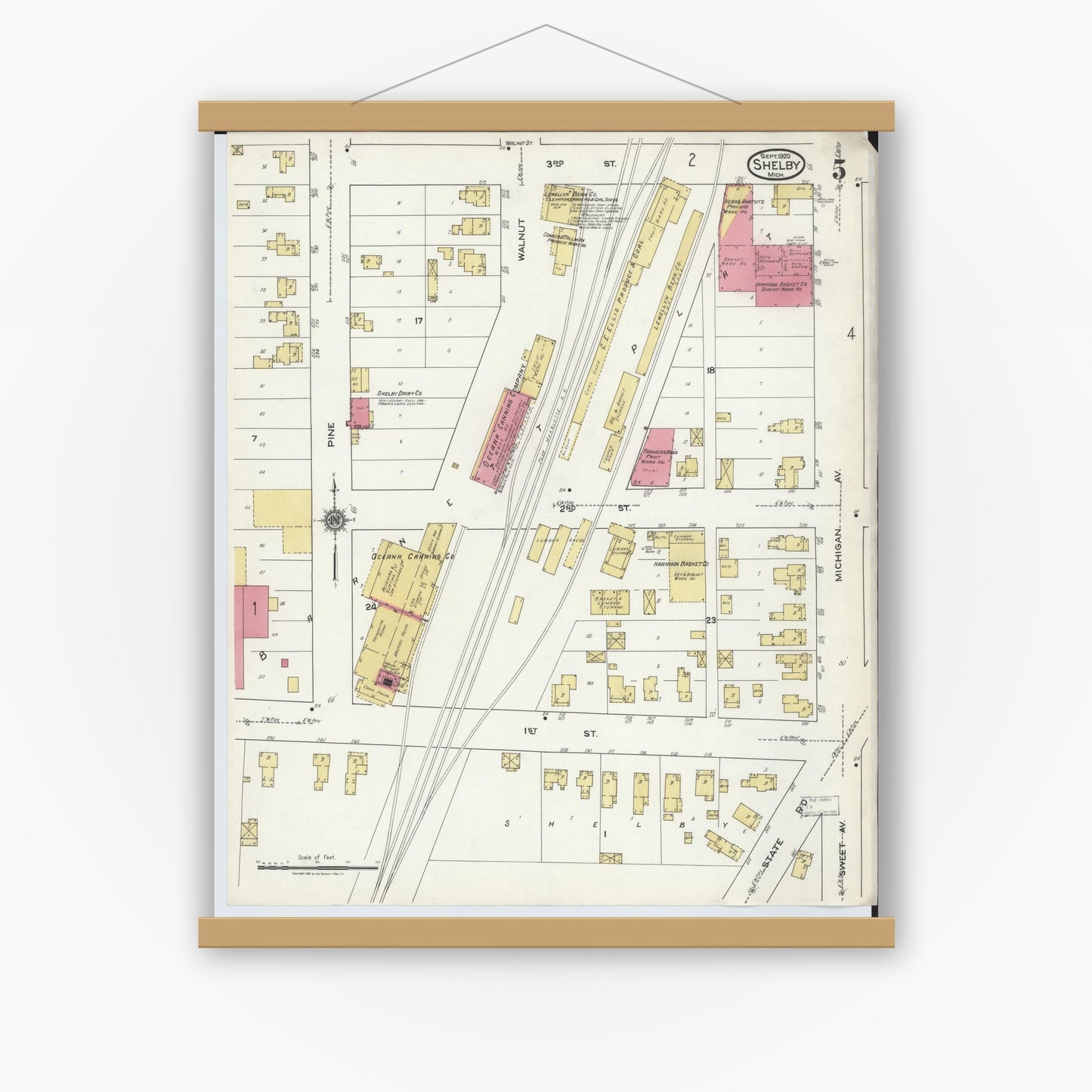 Old map wall art mockup — magnetic wood frame on white wall — Sanborn Fire Insurance Map from Shelby, Oceana County, Michigan (1920), Sheet #0005