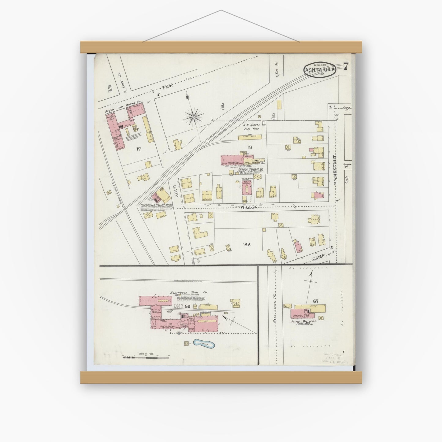 Old map wall art mockup — magnetic wood frame on white wall — Sanborn Fire Insurance Map from Ashtabula, Ashtabula County, Ohio (1893), Sheet #0007