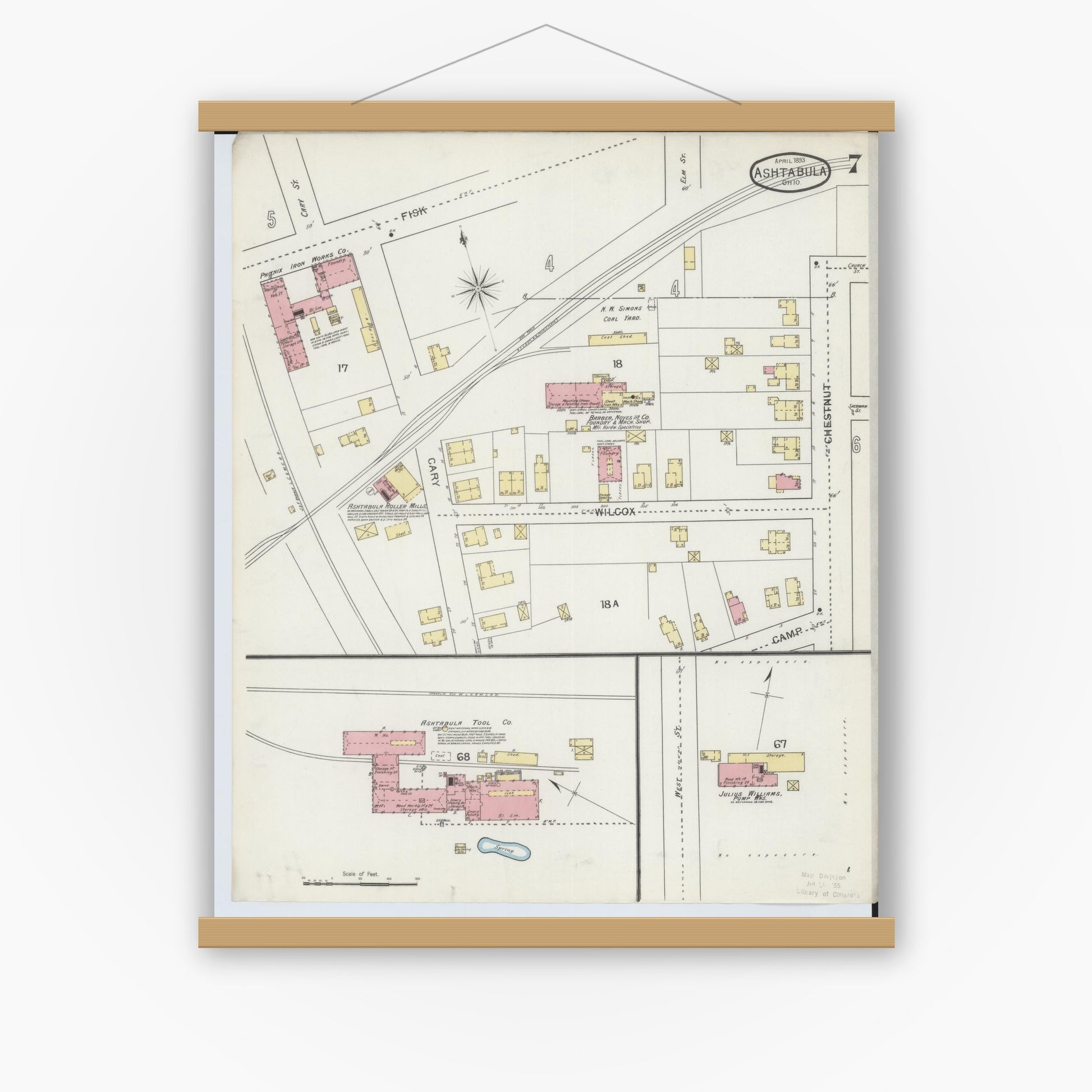 Old map wall art mockup — magnetic wood frame on white wall — Sanborn Fire Insurance Map from Ashtabula, Ashtabula County, Ohio (1893), Sheet #0007