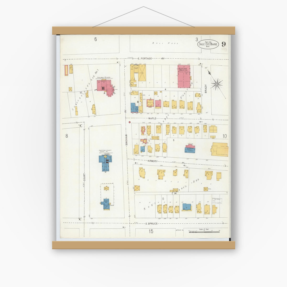 Old map wall art mockup — magnetic wood frame on white wall — Sanborn Fire Insurance Map from Sault Sainte Marie, Chippewa County, Michigan (1906), Sheet #0009