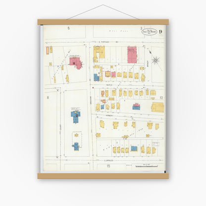 Old map wall art mockup — magnetic wood frame on white wall — Sanborn Fire Insurance Map from Sault Sainte Marie, Chippewa County, Michigan (1906), Sheet #0009
