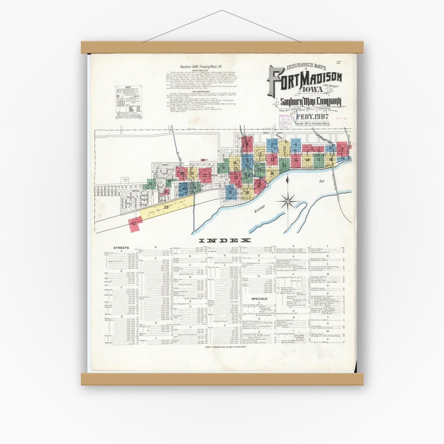 Old map wall art mockup — magnetic wood frame on white wall — Sanborn Fire Insurance Map from Fort Madison, Lee County, Iowa (1907) â€” Complete Set