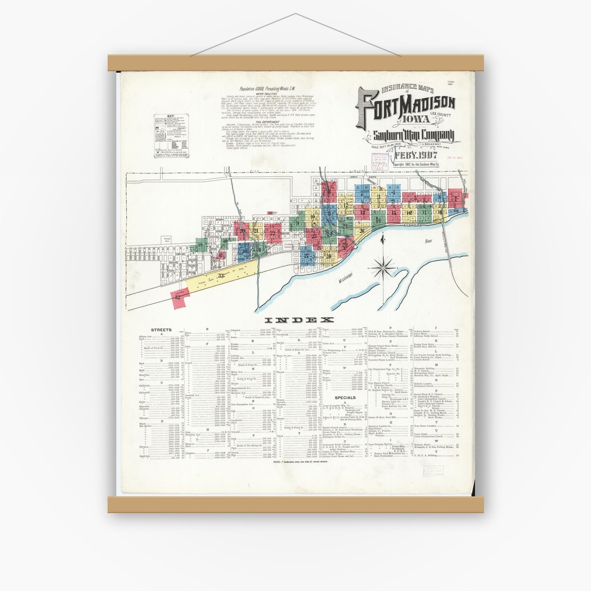 Old map wall art mockup — magnetic wood frame on white wall — Sanborn Fire Insurance Map from Fort Madison, Lee County, Iowa (1907) â€” Complete Set
