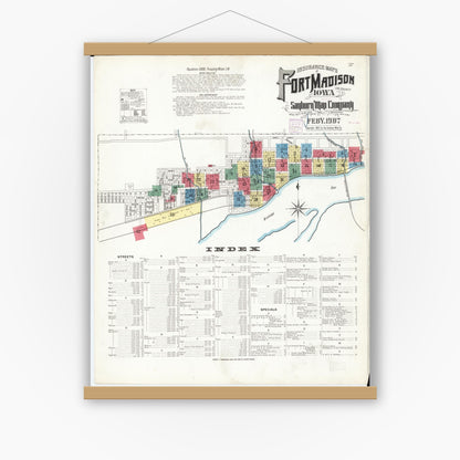 Old map wall art mockup — magnetic wood frame on white wall — Sanborn Fire Insurance Map from Fort Madison, Lee County, Iowa (1907) â€” Complete Set