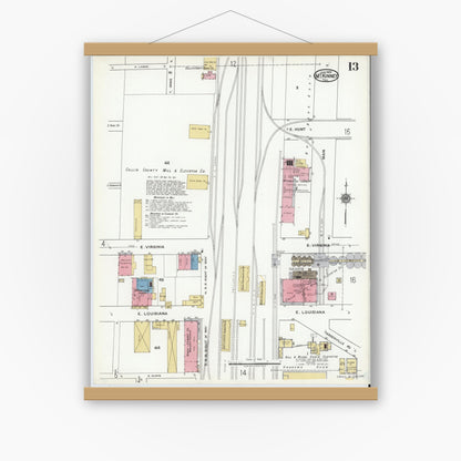 Old map wall art mockup — magnetic wood frame on white wall — Sanborn Fire Insurance Map from McKinney, Collin County, Texas (1920), Sheet #0013