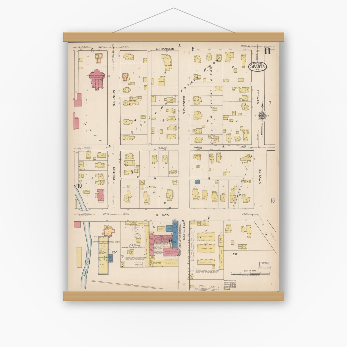 Old map wall art mockup — magnetic wood frame on white wall — Sanborn Fire Insurance Map from Sparta, Monroe County, Wisconsin (1922), Sheet #0011