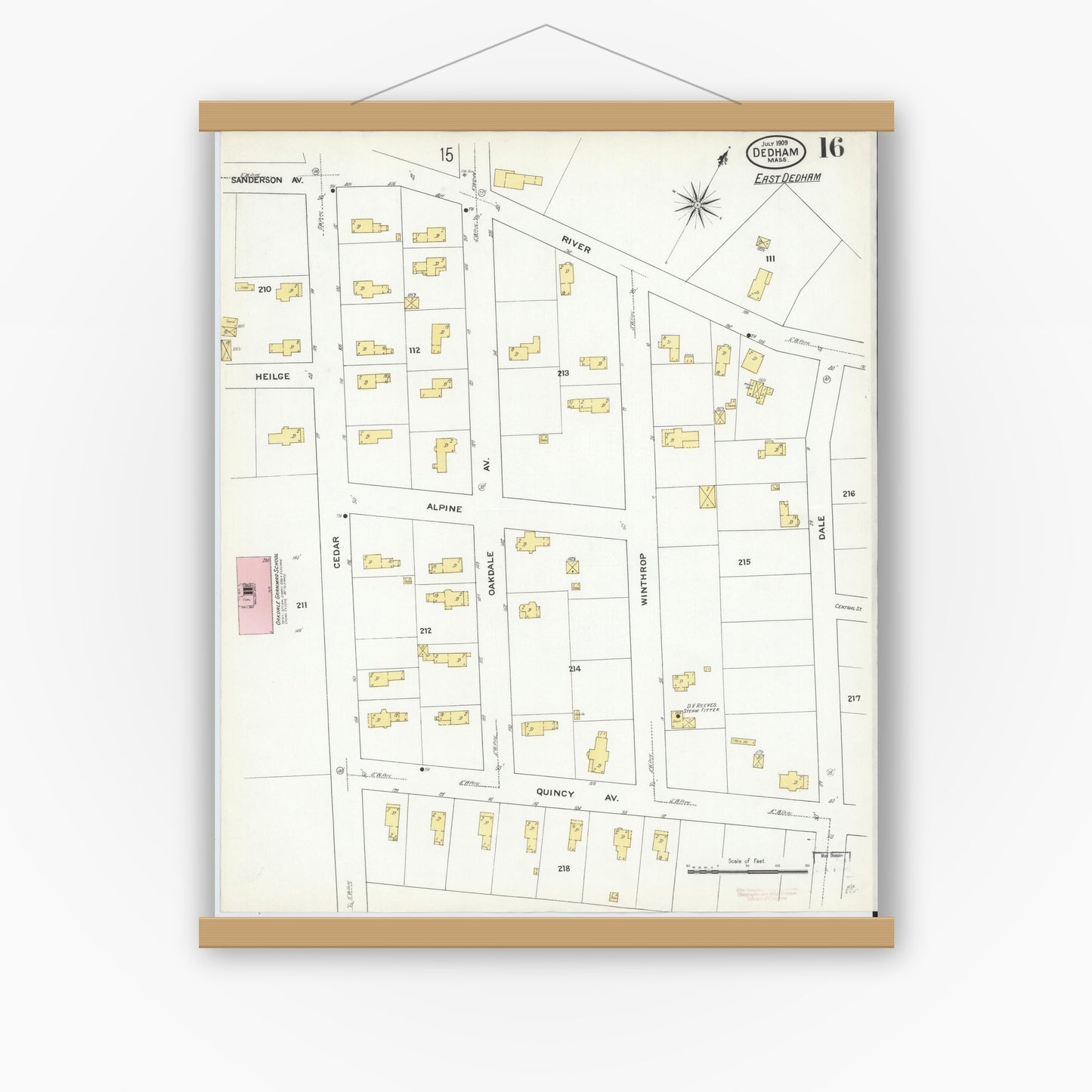 Old map wall art mockup — magnetic wood frame on white wall — Sanborn Fire Insurance Map from Dedham, Norfolk County, Massachusetts (1909), Sheet #0016