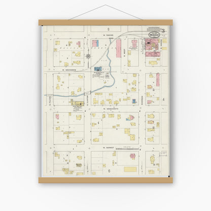 Old map wall art mockup — magnetic wood frame on white wall — Sanborn Fire Insurance Map from Monroe, Green County, Wisconsin (1915), Sheet #0003