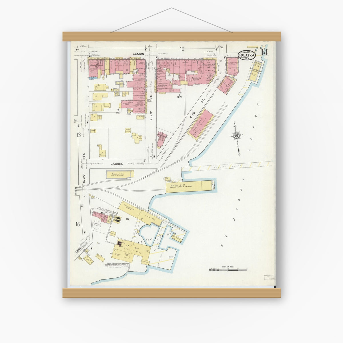 Old map wall art mockup — magnetic wood frame on white wall — Sanborn Fire Insurance Map from Palatka, Putnam County, Florida (1915), Sheet #0014