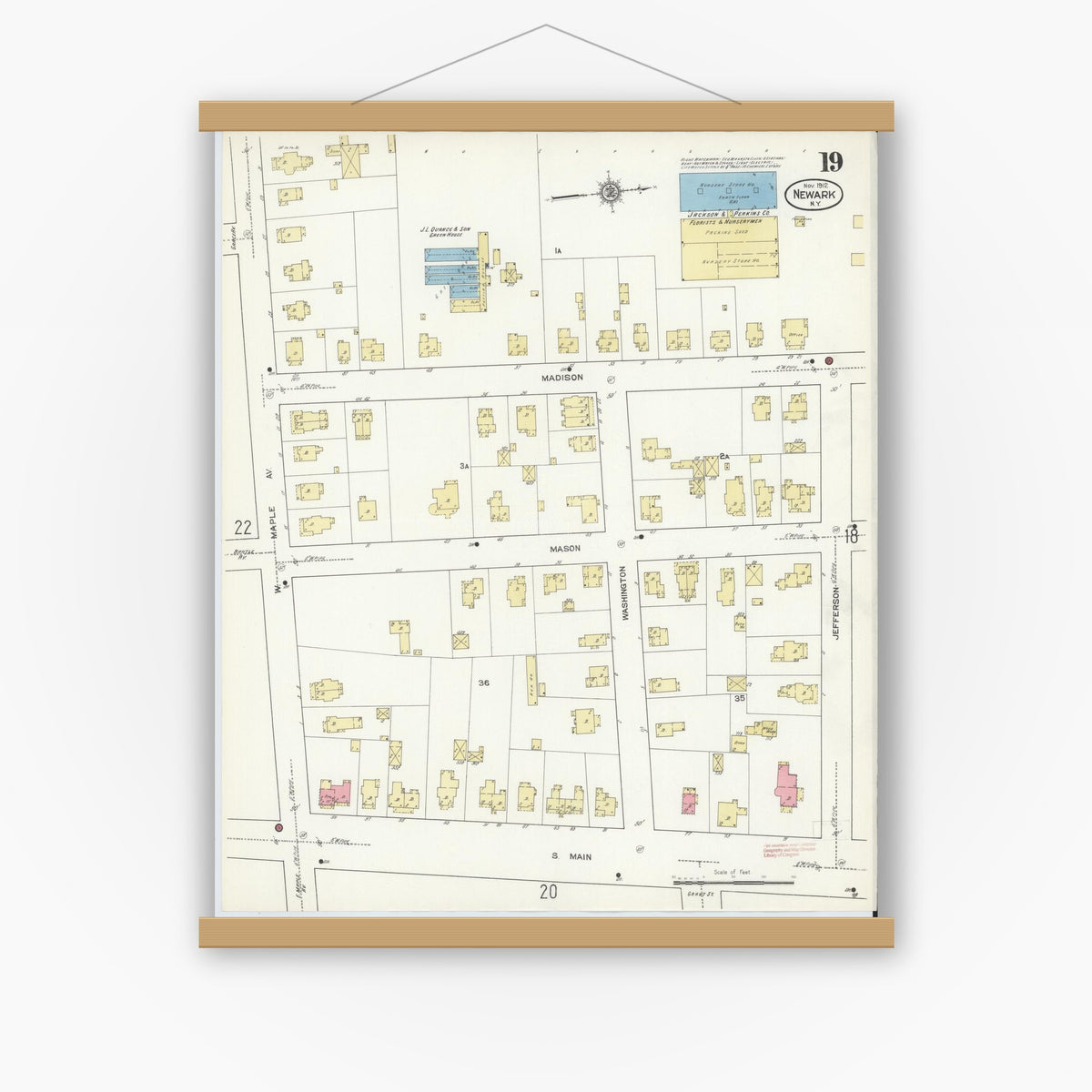 Old map wall art mockup — magnetic wood frame on white wall — Sanborn Fire Insurance Map from Newark, Wayne County, New York (1912), Sheet #0019