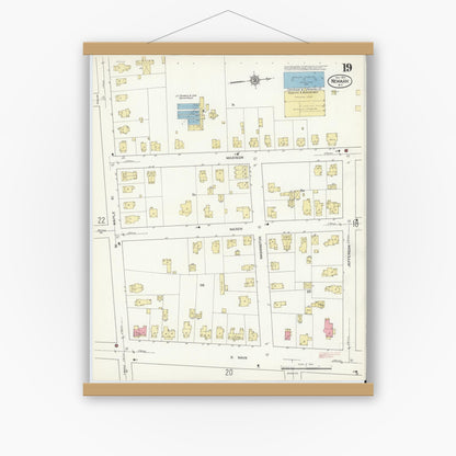Old map wall art mockup — magnetic wood frame on white wall — Sanborn Fire Insurance Map from Newark, Wayne County, New York (1912), Sheet #0019