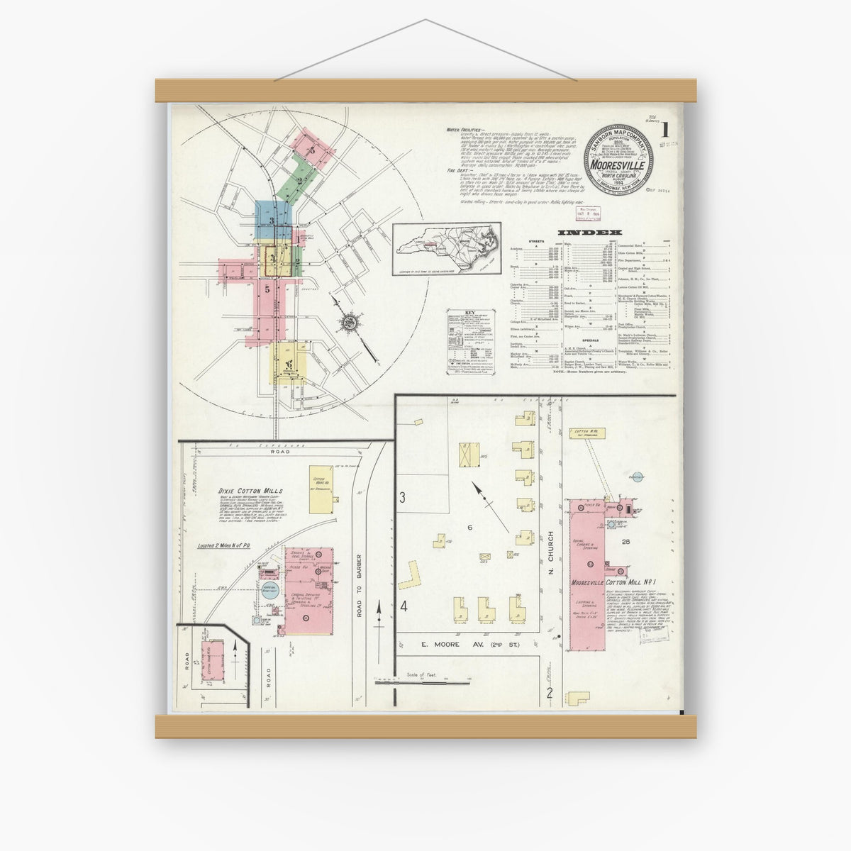 Old map wall art mockup — magnetic wood frame on white wall — Sanborn Fire Insurance Map from Mooresville, Iredell County, North Carolina (1914), Sheet #0001
