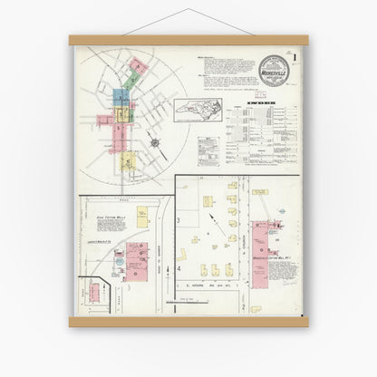Old map wall art mockup — magnetic wood frame on white wall — Sanborn Fire Insurance Map from Mooresville, Iredell County, North Carolina (1914), Sheet #0001