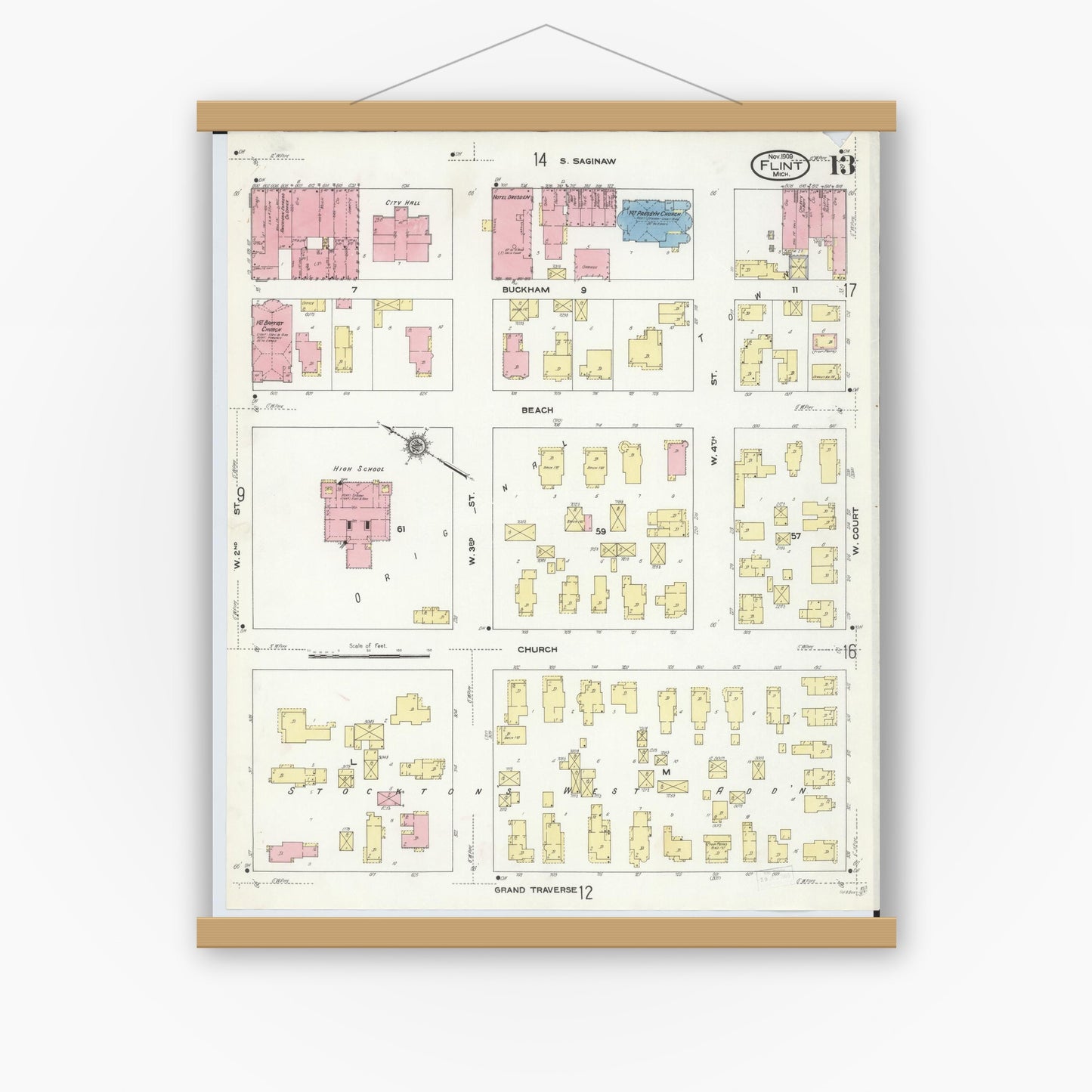 Old map wall art mockup — magnetic wood frame on white wall — Sanborn Fire Insurance Map from Flint, Genesee County, Michigan (1909), Sheet #0013