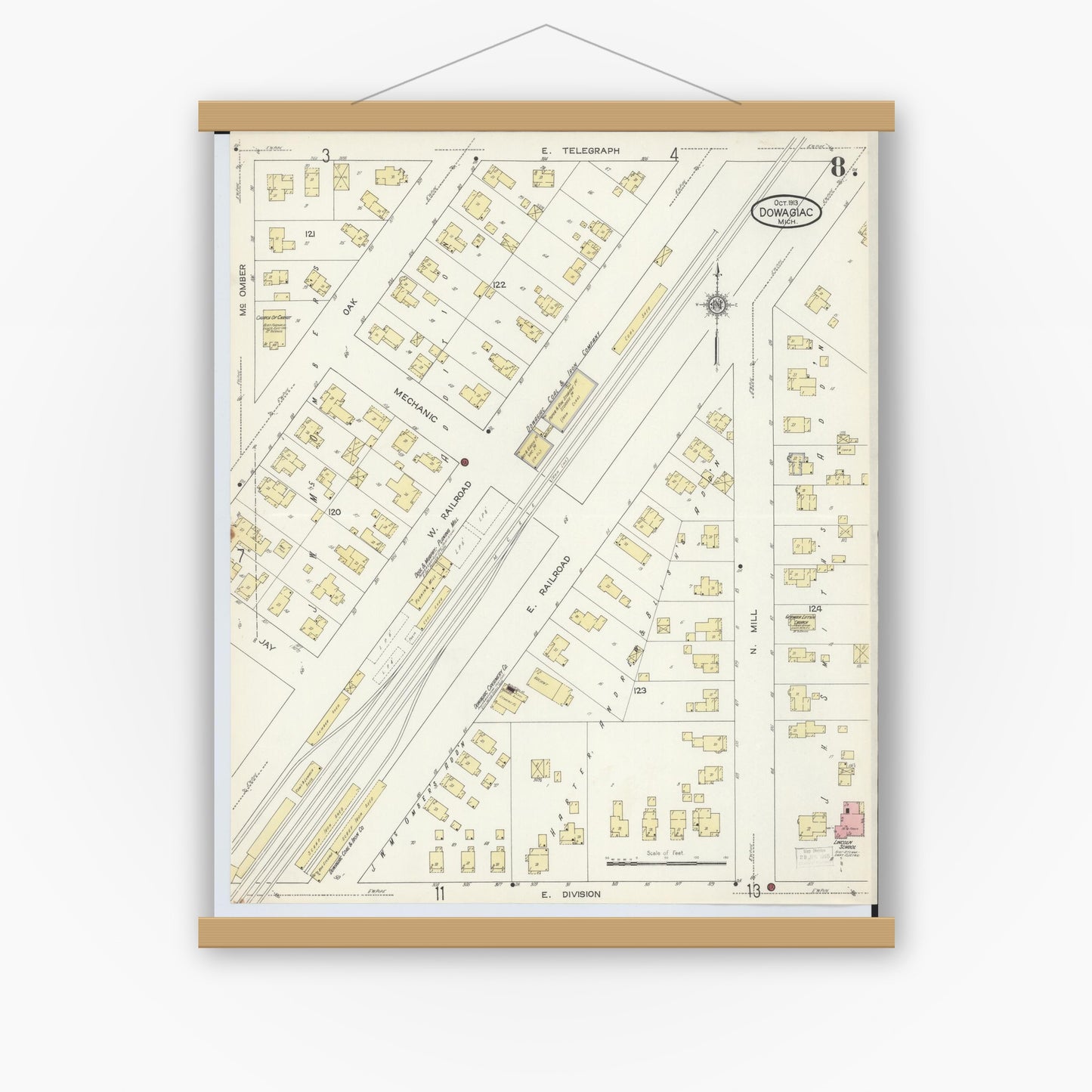 Old map wall art mockup — magnetic wood frame on white wall — Sanborn Fire Insurance Map from Dowagiac, Cass County, Michigan (1913), Sheet #0008