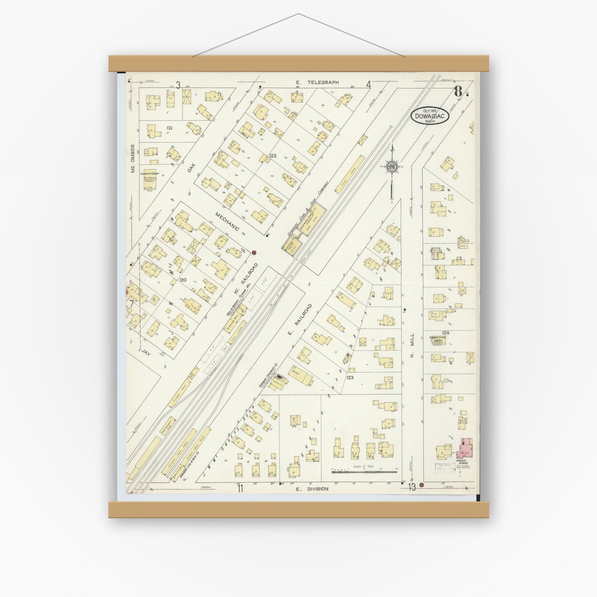 Old map wall art mockup — magnetic wood frame on white wall — Sanborn Fire Insurance Map from Dowagiac, Cass County, Michigan (1913), Sheet #0008