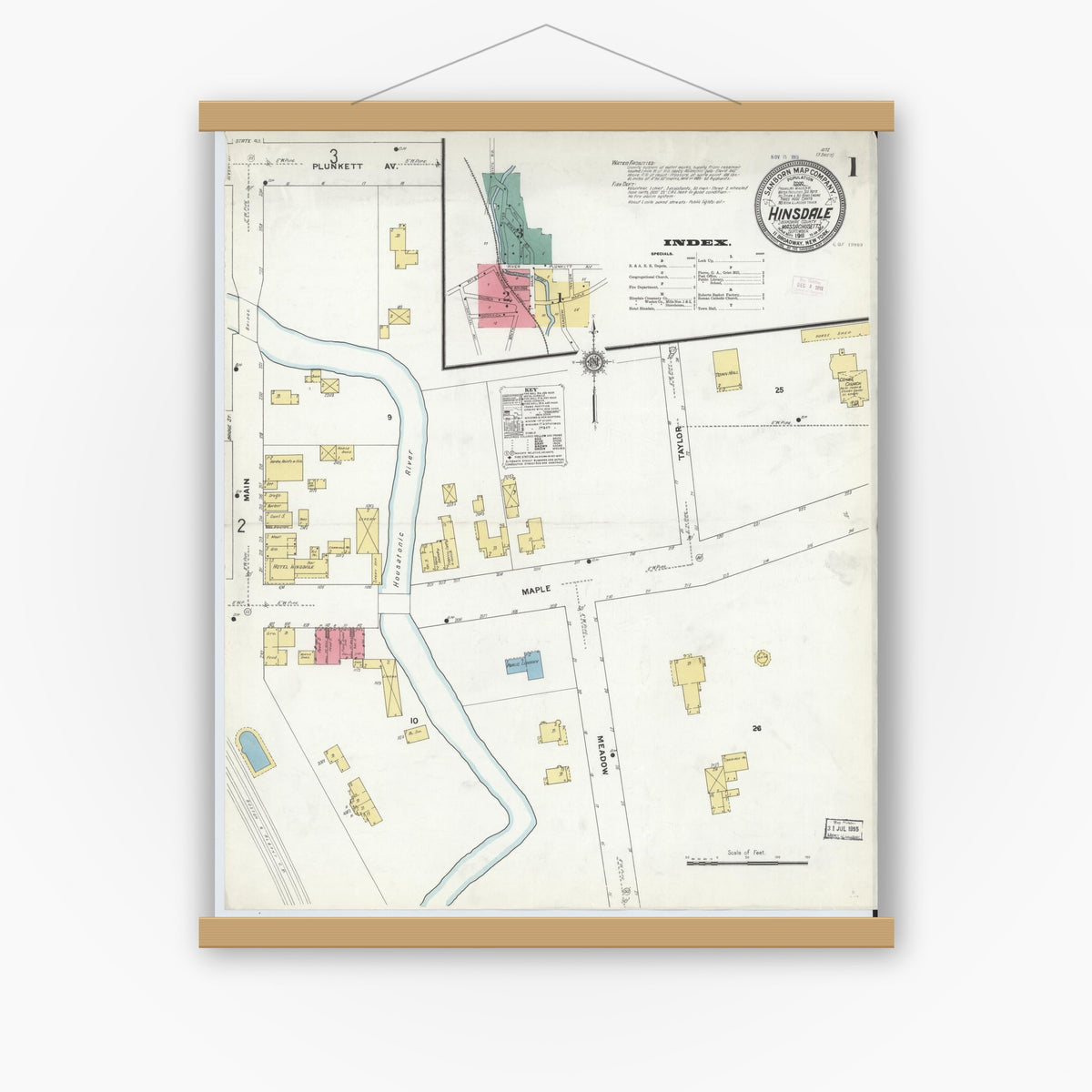 Old map wall art mockup — magnetic wood frame on white wall — Sanborn Fire Insurance Map from Hinsdale, Berkshire County, Massachusetts (1911), Sheet #0001