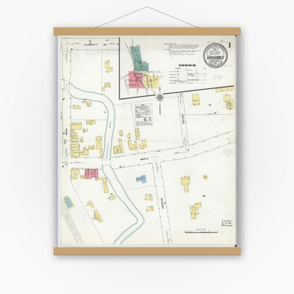Old map wall art mockup — magnetic wood frame on white wall — Sanborn Fire Insurance Map from Hinsdale, Berkshire County, Massachusetts (1911), Sheet #0001