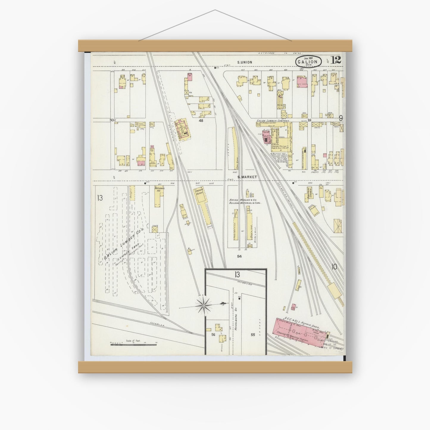 Old map wall art mockup — magnetic wood frame on white wall — Sanborn Fire Insurance Map from Galion, Crawford County, Ohio (1897), Sheet #0012