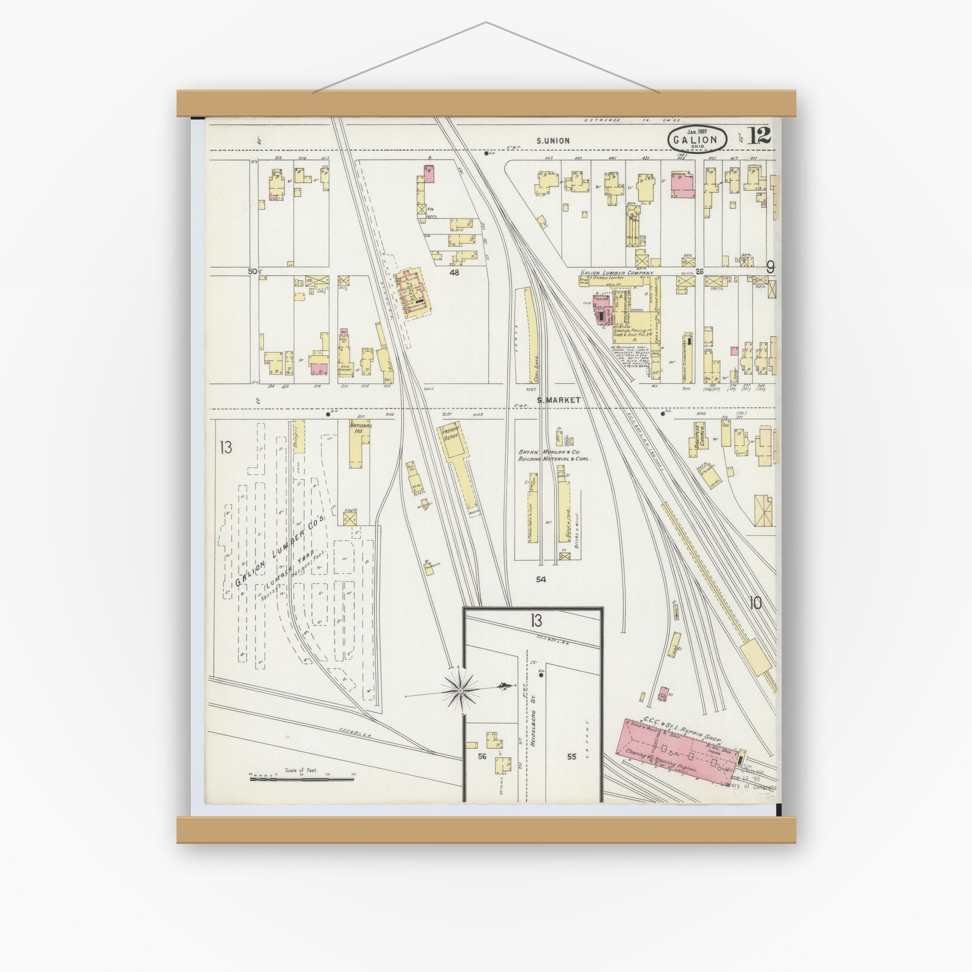 Old map wall art mockup — magnetic wood frame on white wall — Sanborn Fire Insurance Map from Galion, Crawford County, Ohio (1897), Sheet #0012