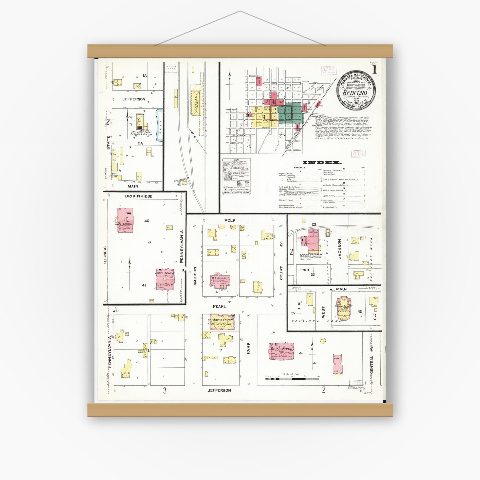 Old map wall art mockup — magnetic wood frame on white wall — Sanborn Fire Insurance Map from Bedford, Taylor County, Iowa (1909) â€” Complete Set