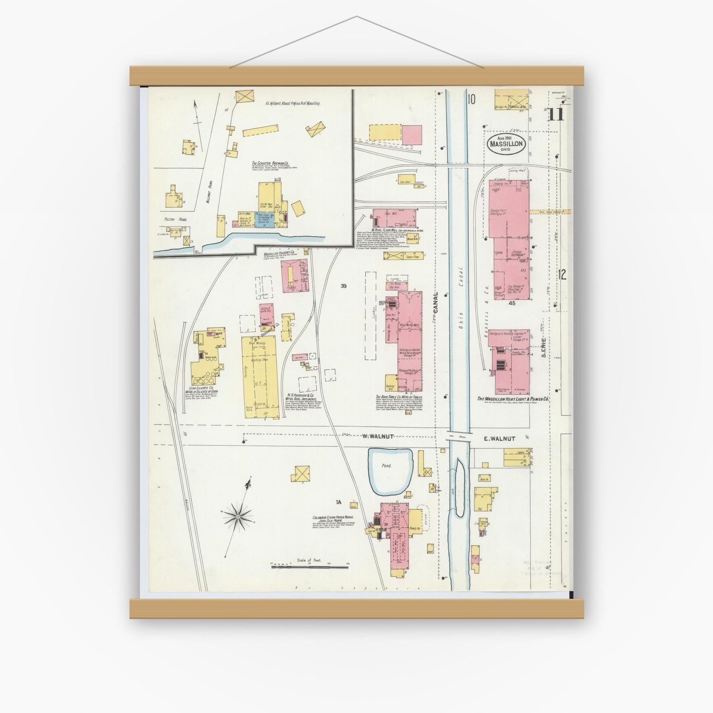 Old map wall art mockup — magnetic wood frame on white wall — Sanborn Fire Insurance Map from Massillon, Stark County, Ohio (1901), Sheet #0011