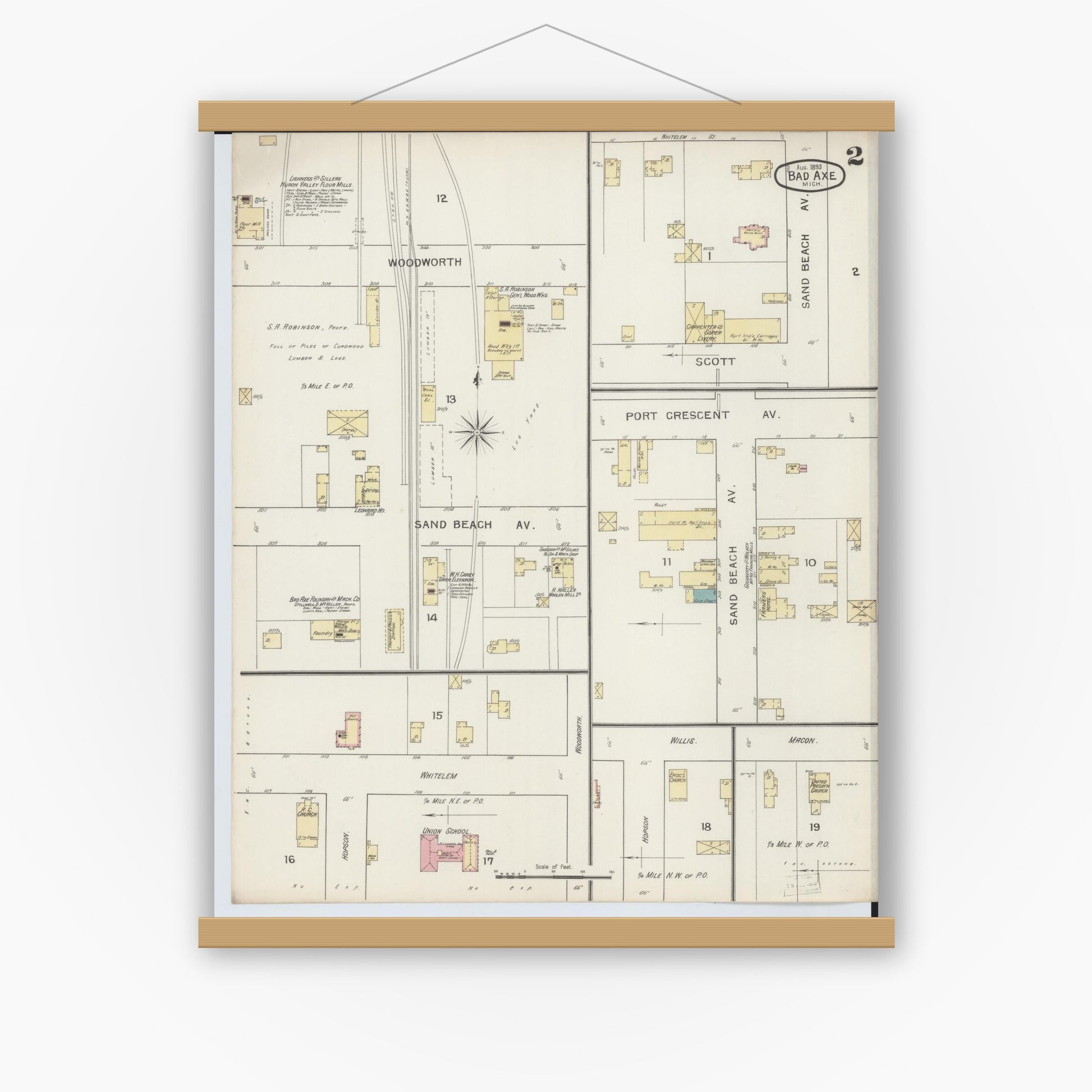 Old map wall art mockup — magnetic wood frame on white wall — Sanborn Fire Insurance Map from Bad Axe, Huron County, Michigan (1893), Sheet #0002