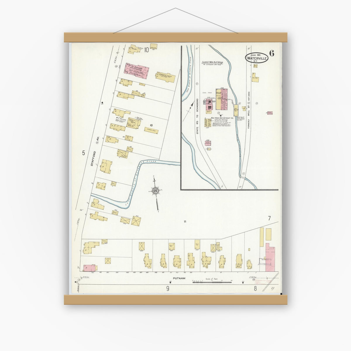 Old map wall art mockup — magnetic wood frame on white wall — Sanborn Fire Insurance Map from Waterville, Oneida County, New York (1912), Sheet #0006