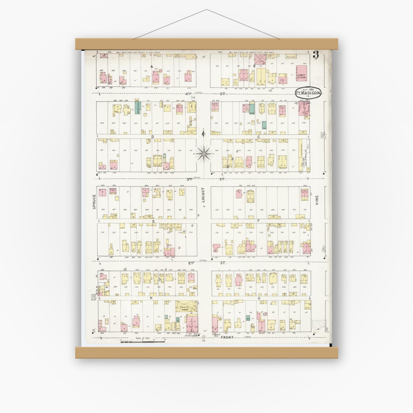 Old map wall art mockup — magnetic wood frame on white wall — Sanborn Fire Insurance Map from Fort Madison, Lee County, Iowa (1894), Sheet #0003