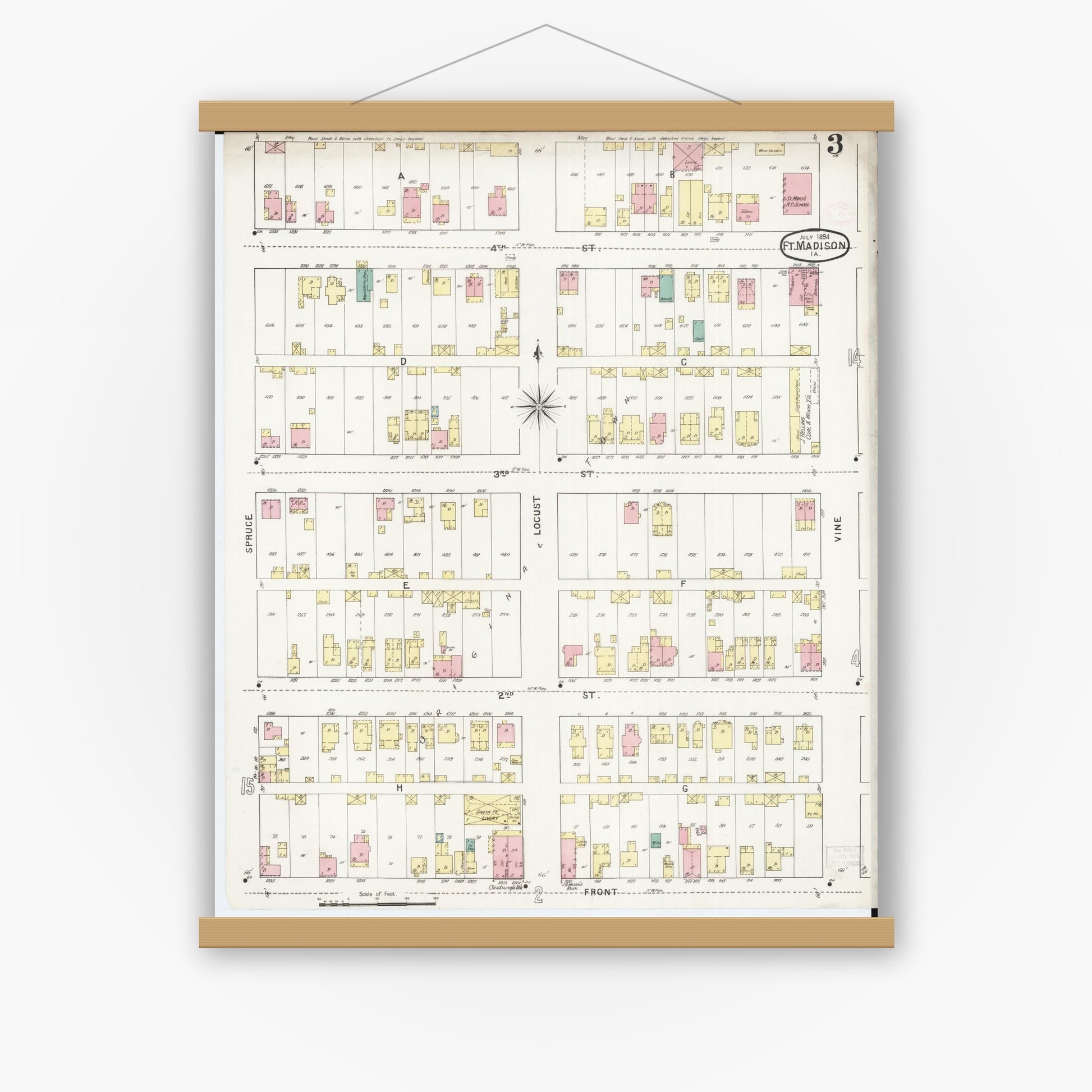 Old map wall art mockup — magnetic wood frame on white wall — Sanborn Fire Insurance Map from Fort Madison, Lee County, Iowa (1894), Sheet #0003