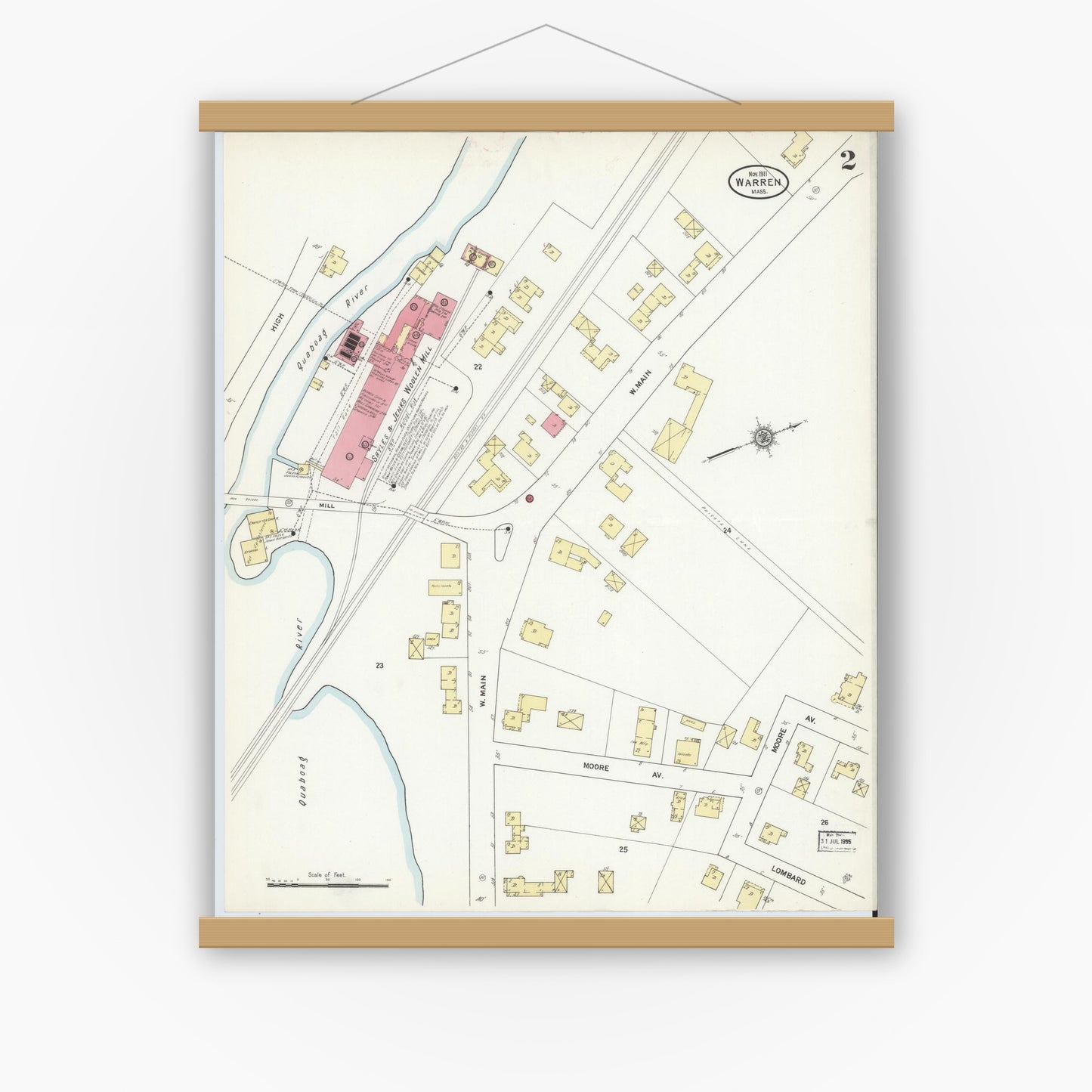 Old map wall art mockup — magnetic wood frame on white wall — Sanborn Fire Insurance Map from Warren, Worcester County, Massachusetts (1911), Sheet #0002