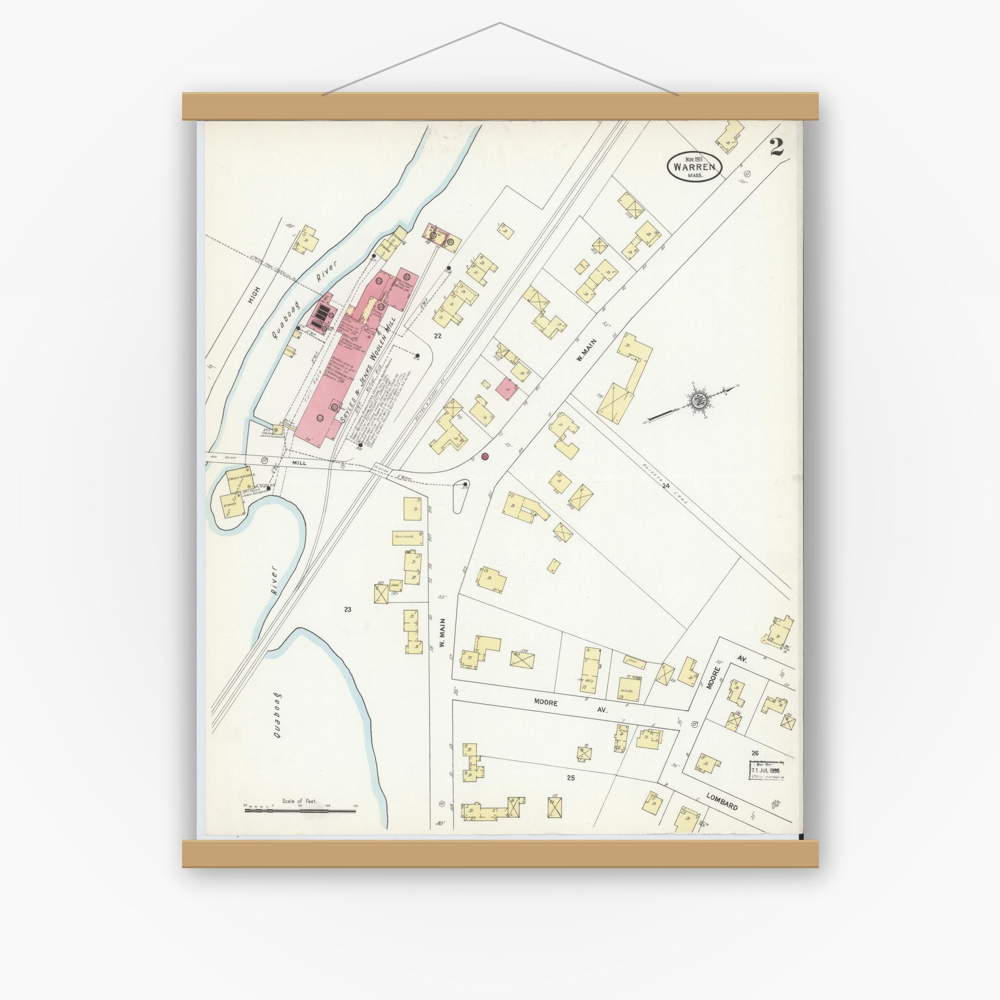 Old map wall art mockup — magnetic wood frame on white wall — Sanborn Fire Insurance Map from Warren, Worcester County, Massachusetts (1911), Sheet #0002